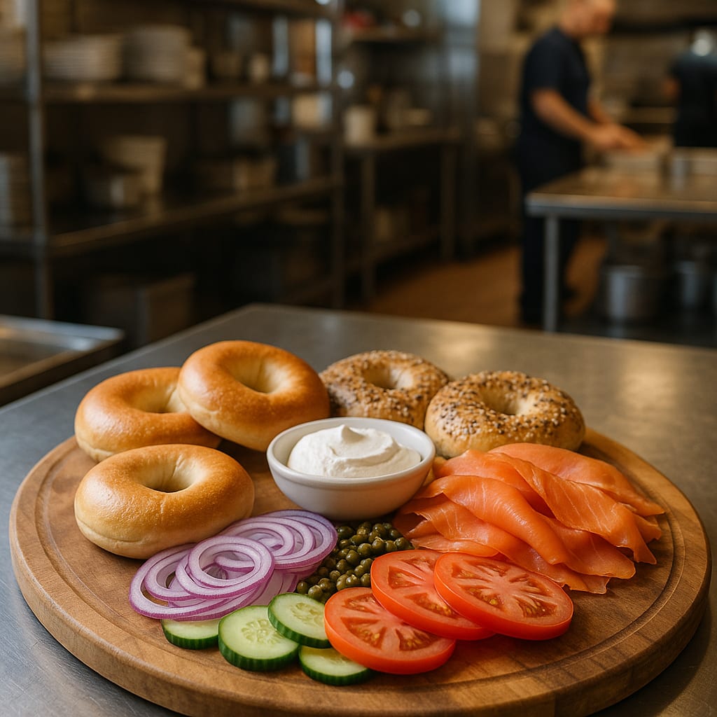 Bagel and lox breakfast board with cream cheese, capers, and fresh fixings