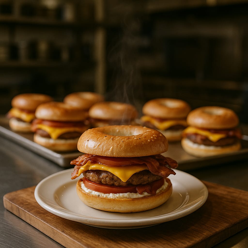 Build-your-own bagel sandwich line with egg squares, cheese, sausage, bacon, and toppings