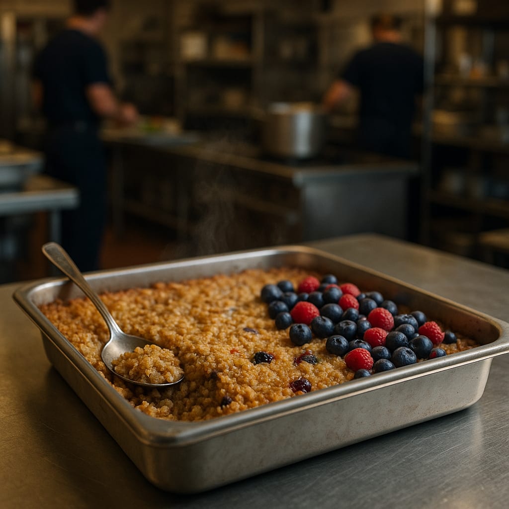 Golden baked oatmeal squares with mixed berries in a 9x13 pan