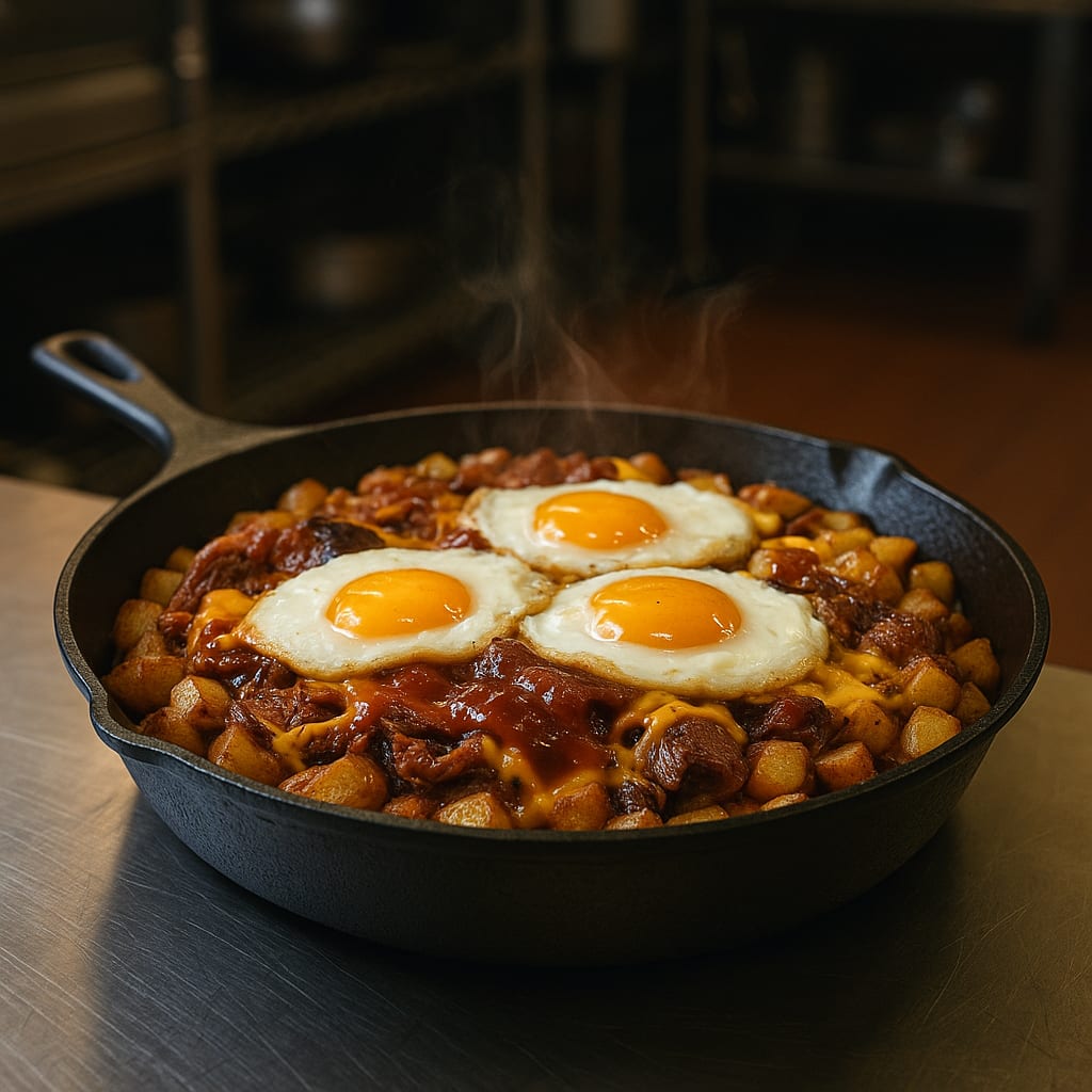 BBQ Breakfast Hash — leftover BBQ pulled into a cast-iron hash with eggs on top