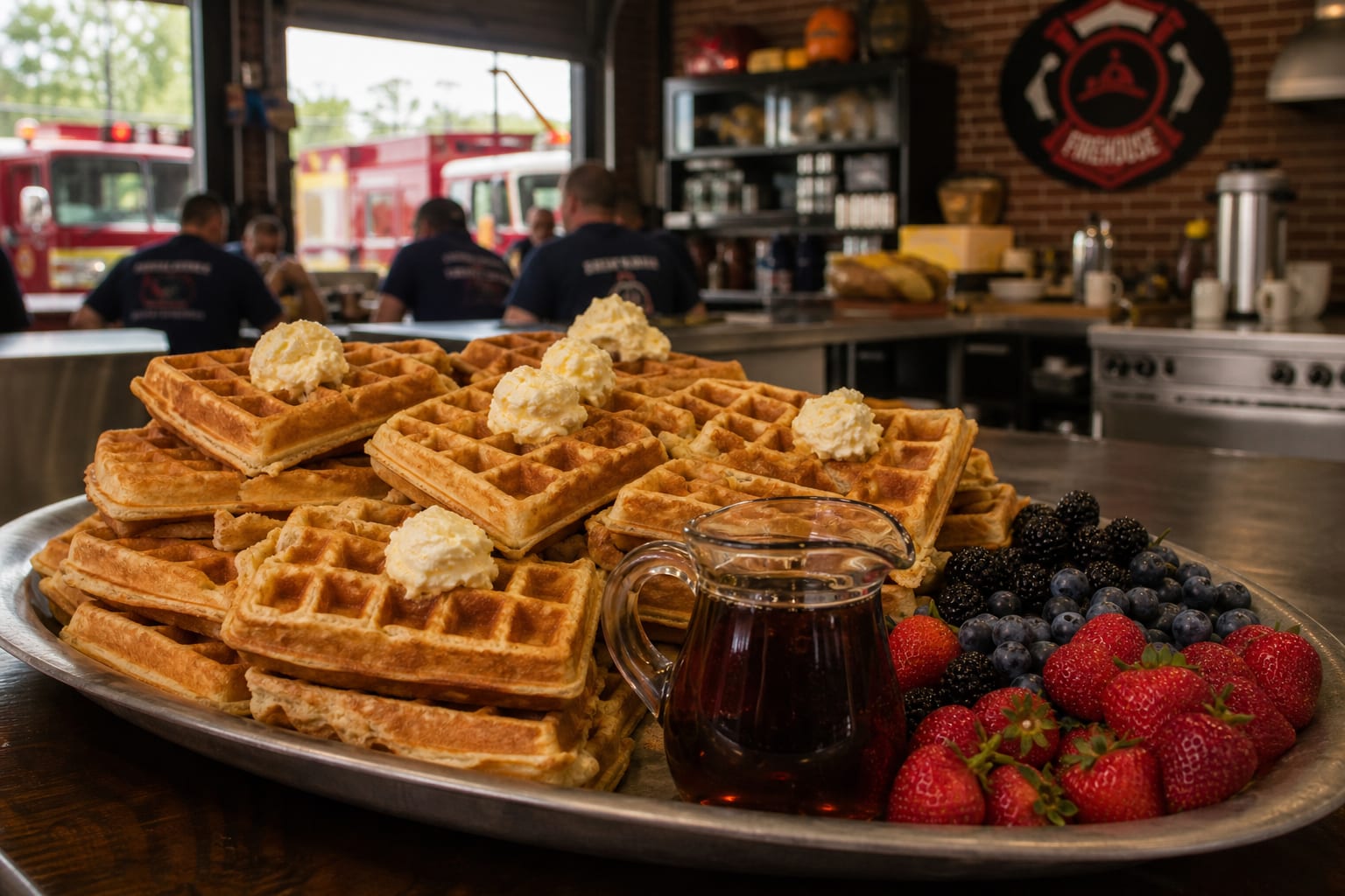 Belgian waffle platter with maple syrup, whipped butter, and fresh berries