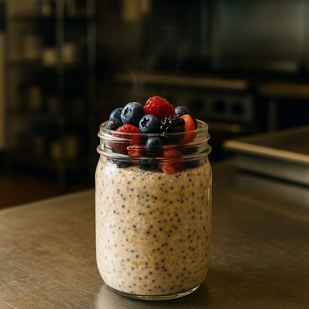 Jar of berry vanilla protein overnight oats topped with mixed berries