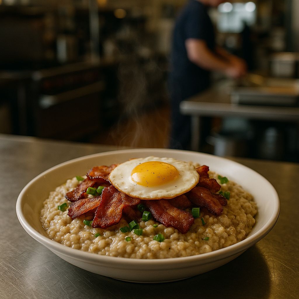 Wide firehall crew platter of Big-Pot Savory Oats beside eggs on a station prep table, family-style