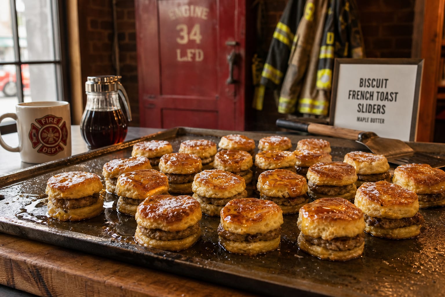Biscuit French toast sliders glazed with maple butter on a griddle