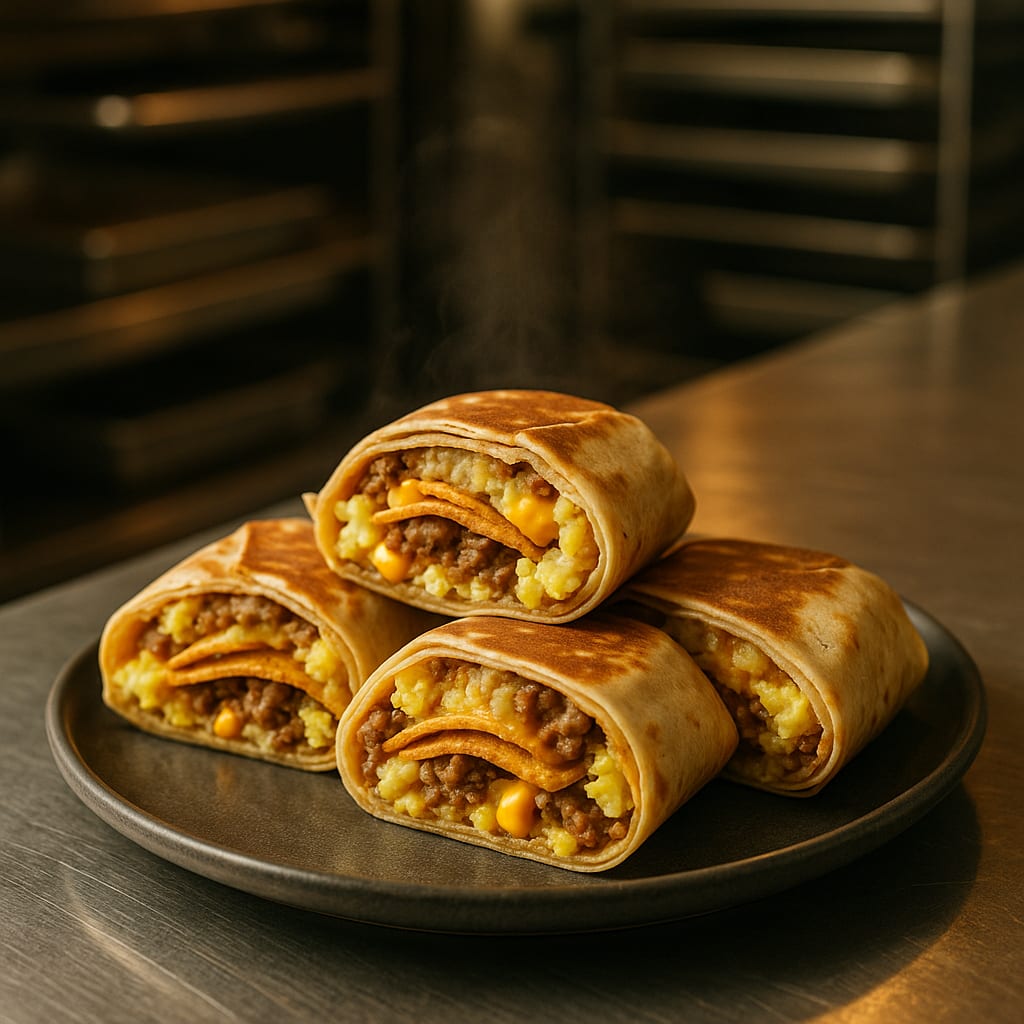Golden griddled breakfast crunchwraps cut in half showing layers of egg and hash
