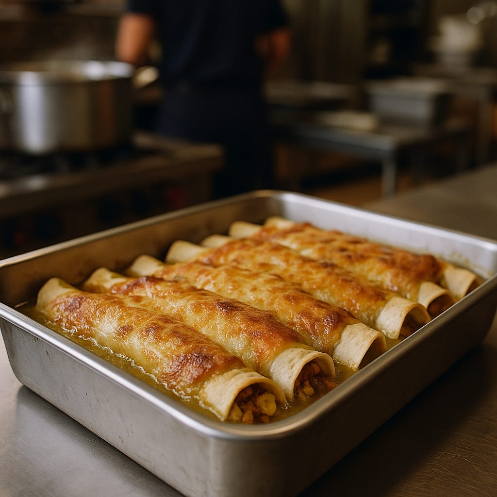 Breakfast enchiladas in flour tortillas with egg-chorizo filling, green enchilada sauce, and melted cheese