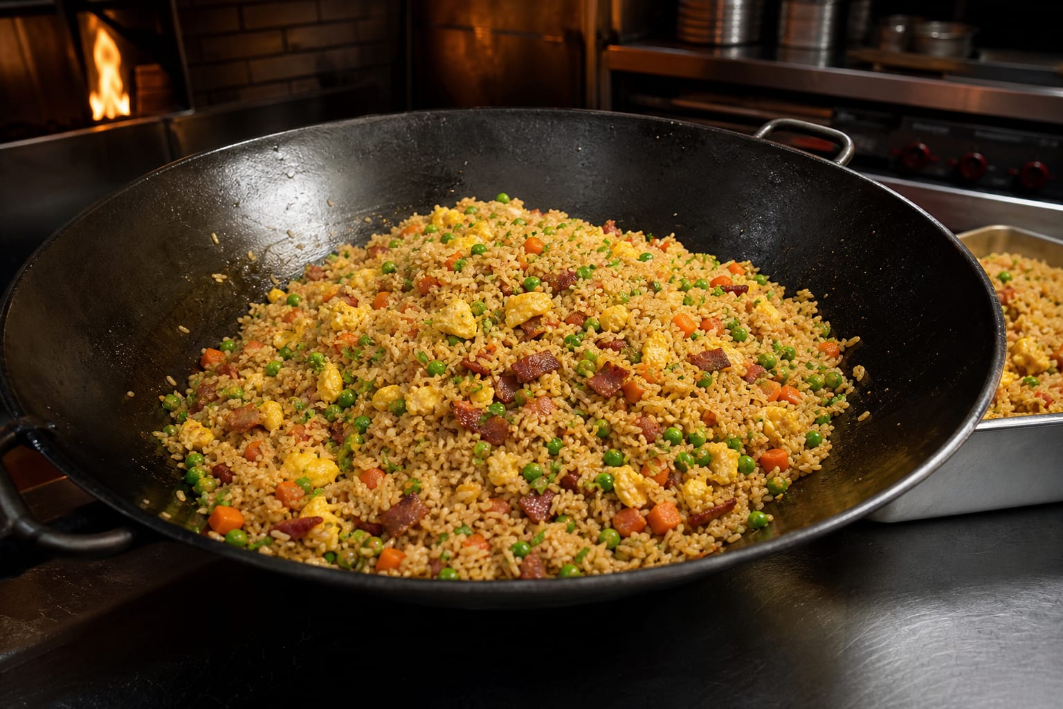 Breakfast fried rice with bacon, eggs, peas, and scallions in a wok