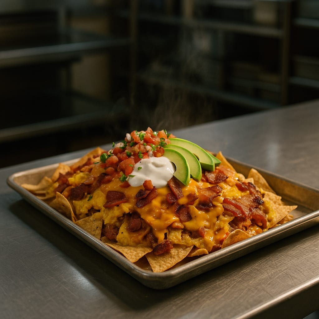 Breakfast nachos supreme loaded with eggs, bacon, melted cheese, and pico