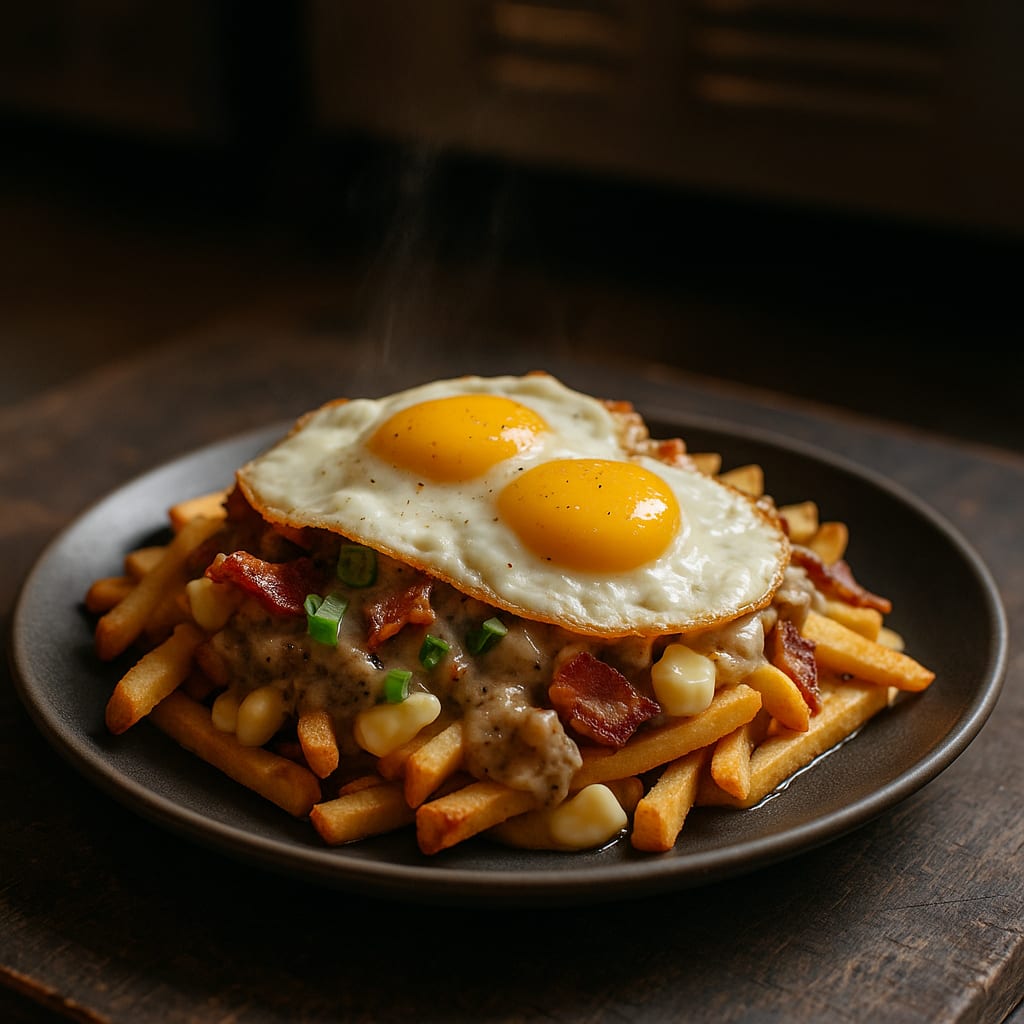 Breakfast poutine with crispy fries, sausage gravy, cheese curds, and fried egg
