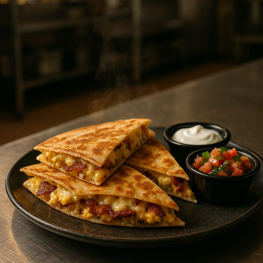 Crisp breakfast quesadilla wedges with bacon, eggs, and melted pepper jack