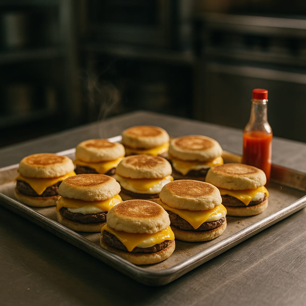 Breakfast sandwiches on English muffins with sausage patties, eggs, and cheese