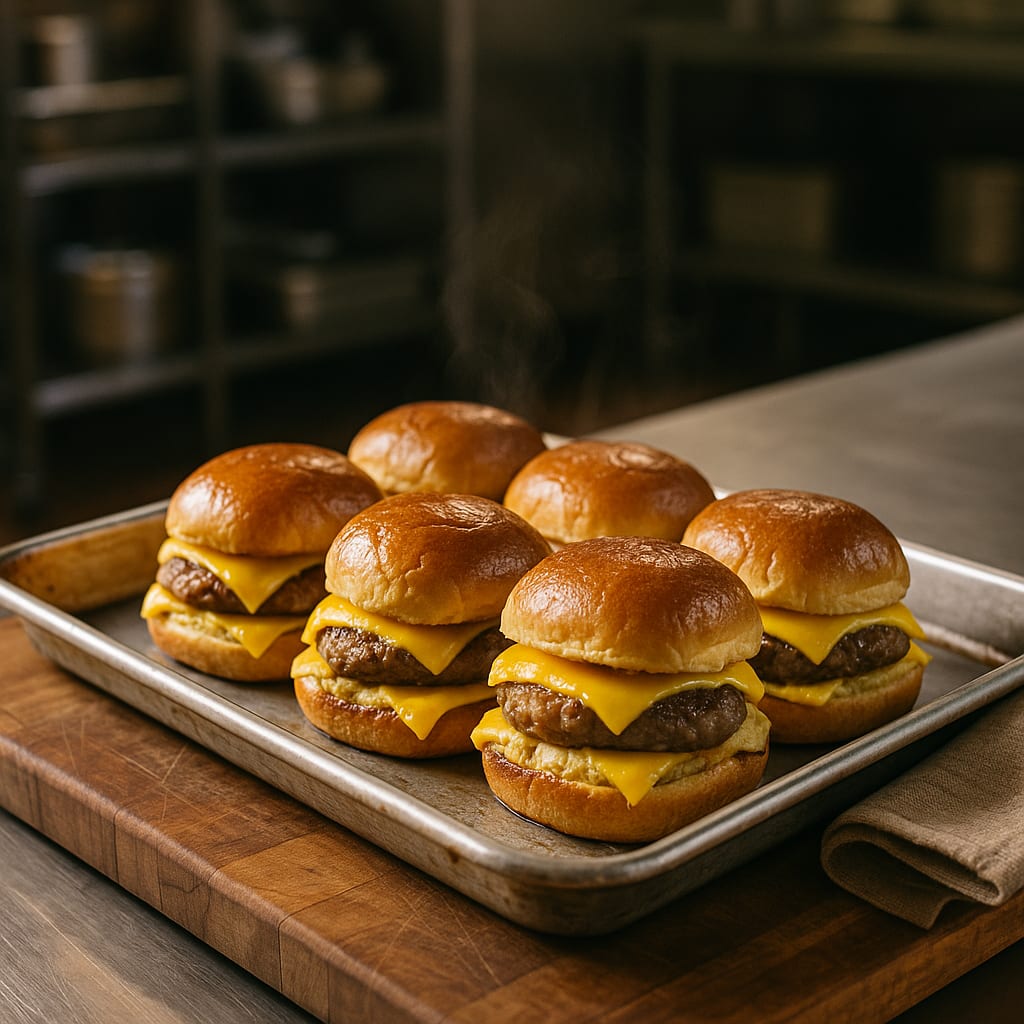 Sheet pan of maple-glazed breakfast sliders with sausage, egg, and cheese