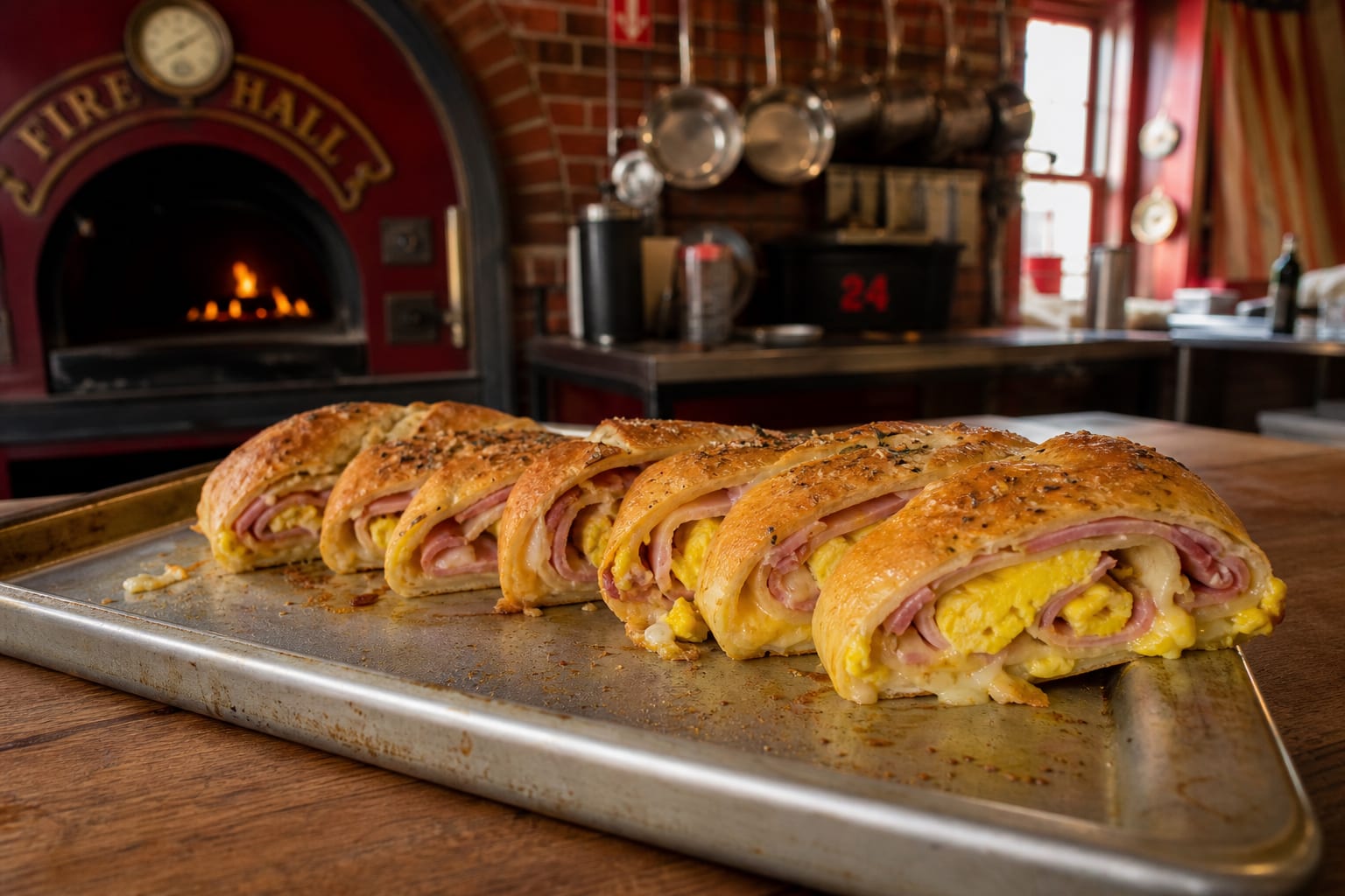 Golden breakfast stromboli sliced with ham, eggs, and melted cheese