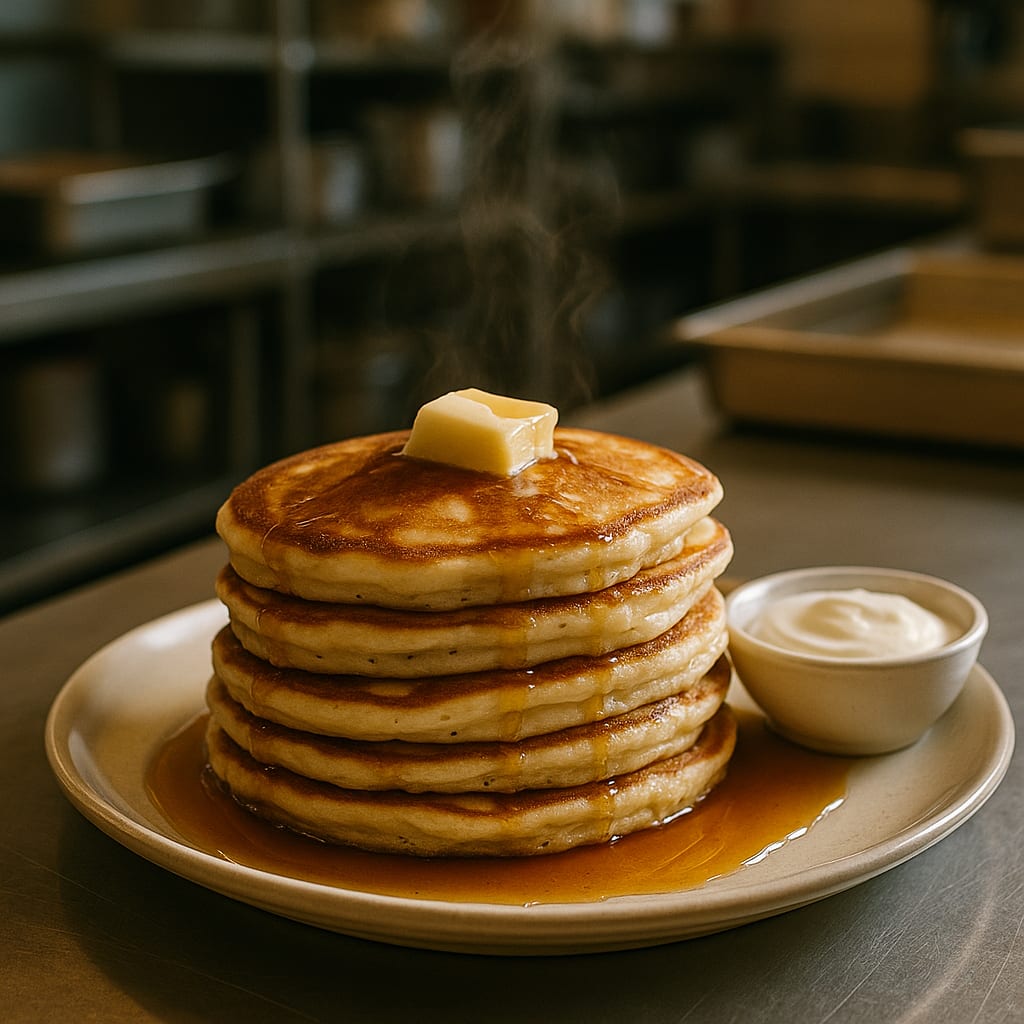 Buttermilk pancakes with butter, syrup, and yogurt