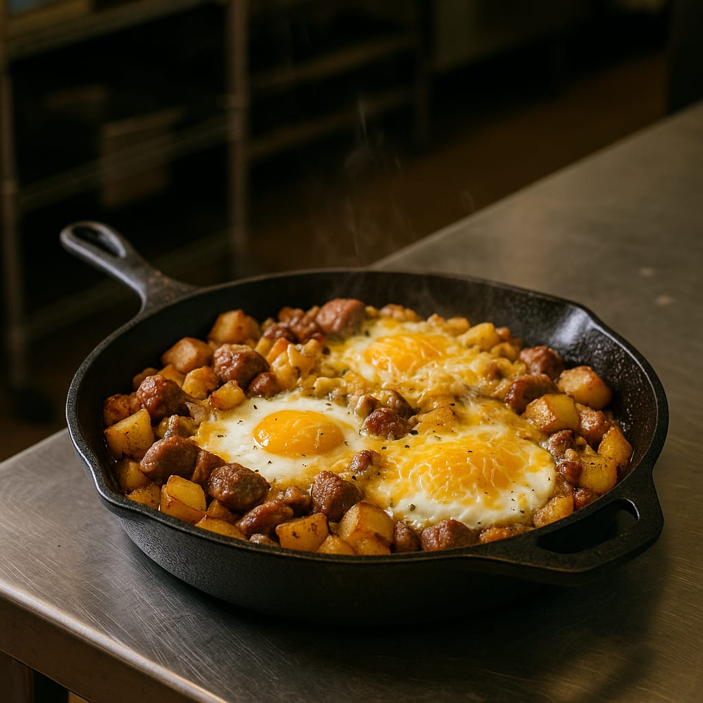 Cast Iron Breakfast Skillet — yukon gold potatoes, large eggs, breakfast sausage, and shredded cheese