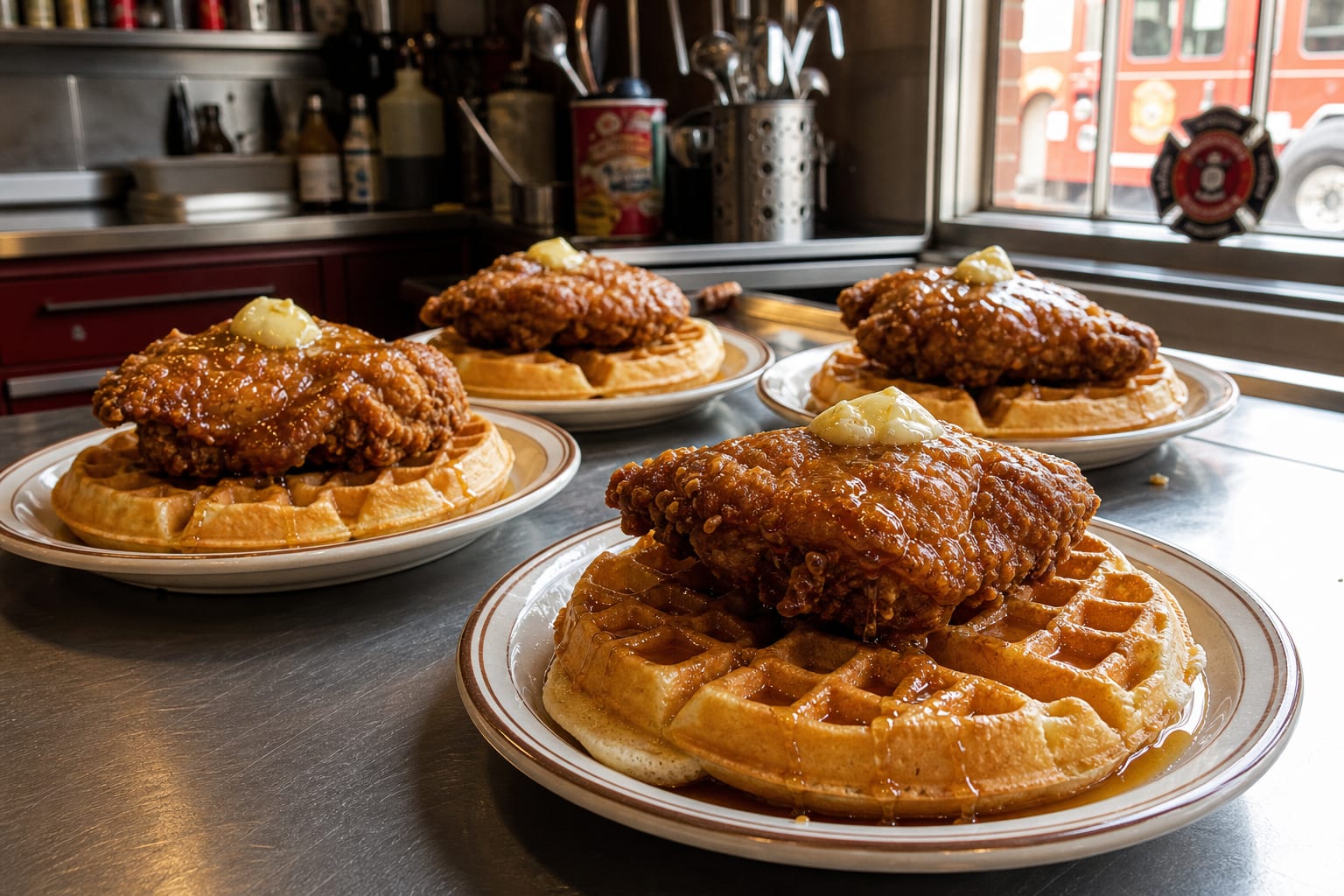 Crispy fried chicken on Belgian waffles with maple butter and hot honey