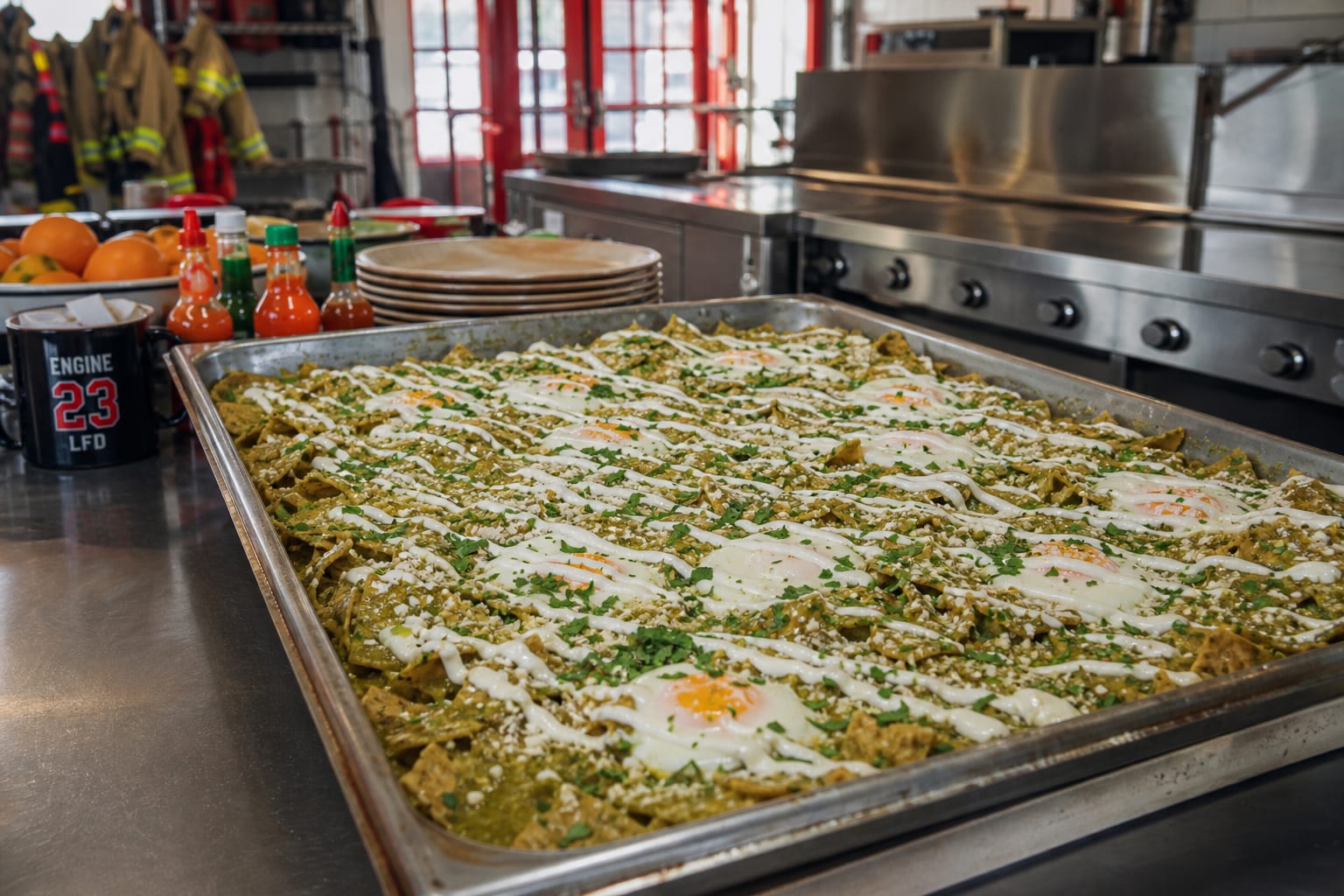 Baked chilaquiles verde with eggs, crema, and cotija in a baking dish