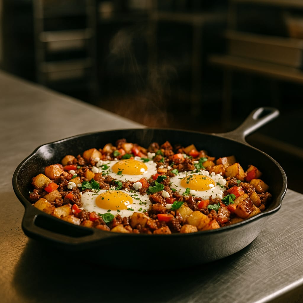 Chorizo breakfast hash with crispy potatoes, peppers, and jammy eggs