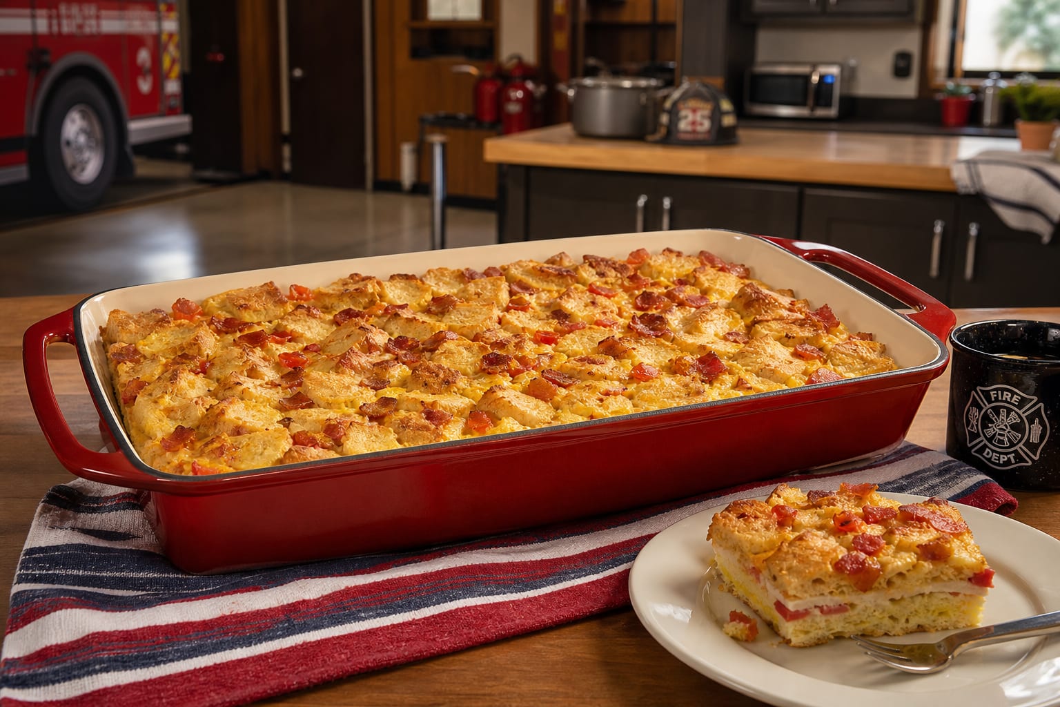 Club sandwich breakfast bake with turkey, bacon, tomato, and melted Swiss