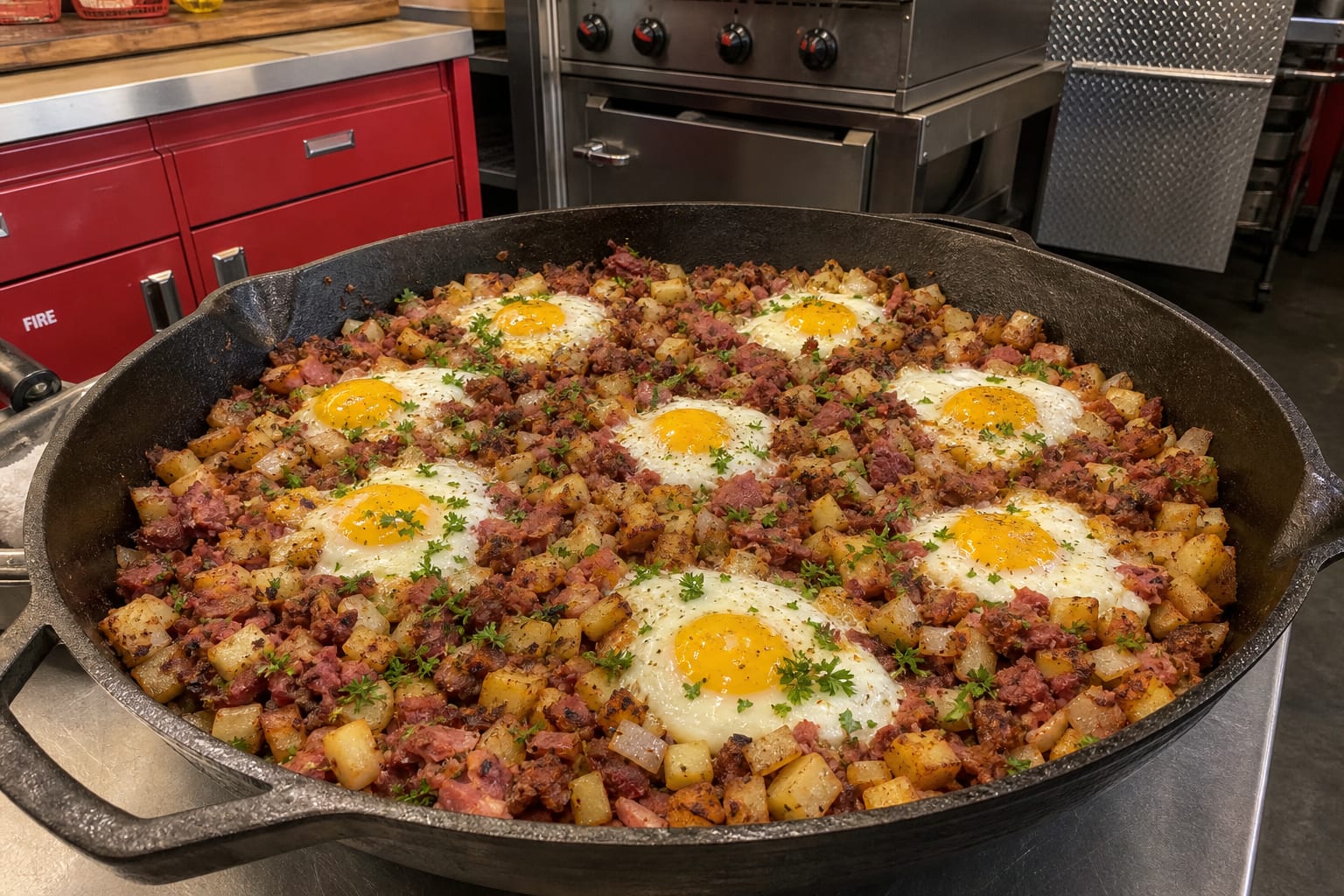 Corned beef hash with crispy potatoes and sunny-side eggs in a cast-iron skillet
