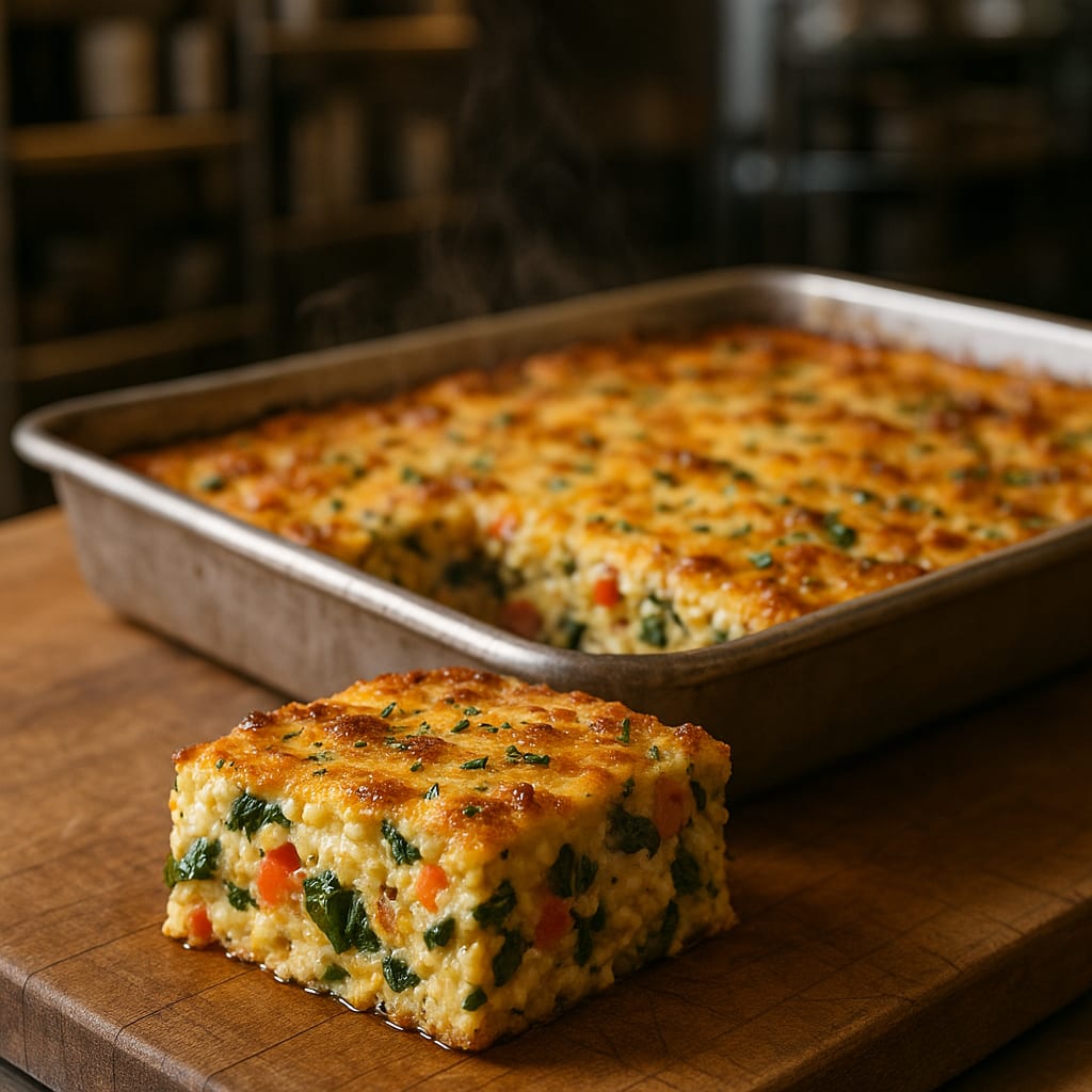 Sliced cottage cheese vegetable egg bake in a baking dish