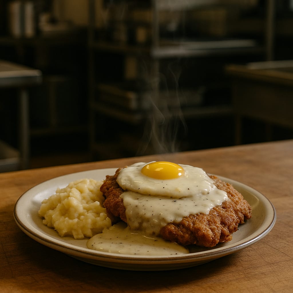 Country fried steak with pepper gravy, mashed potatoes, and a fried egg