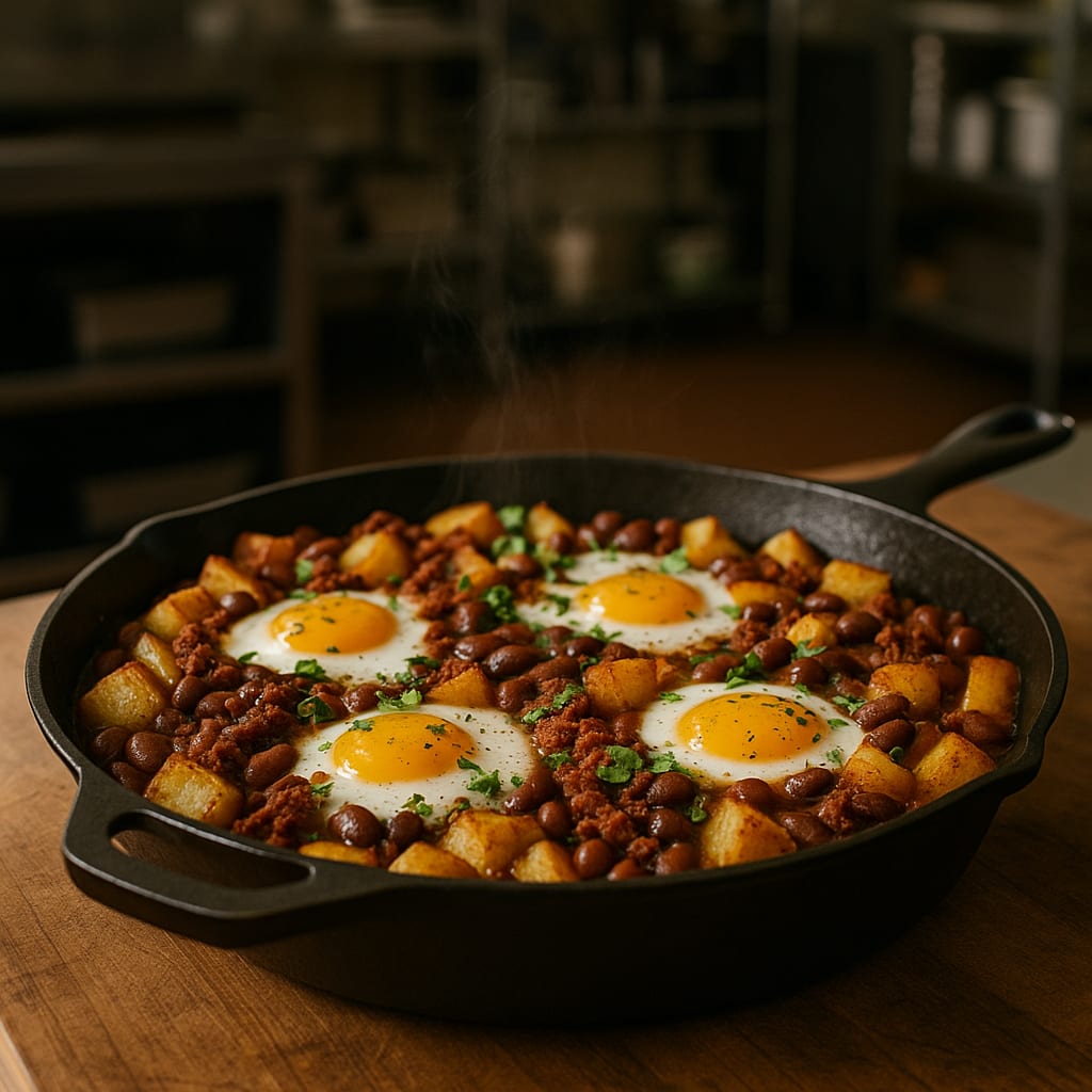 Cowboy breakfast skillet with chorizo, ranch beans, potatoes, and baked eggs