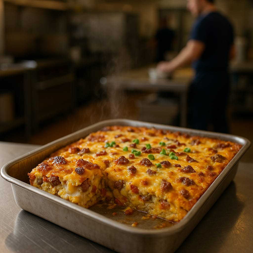 Golden Denver breakfast casserole squares with ham and bell peppers
