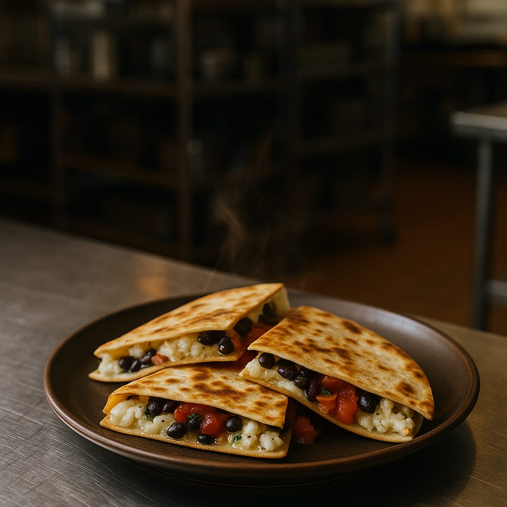 Sliced egg white breakfast quesadilla with black beans and pepper jack cheese