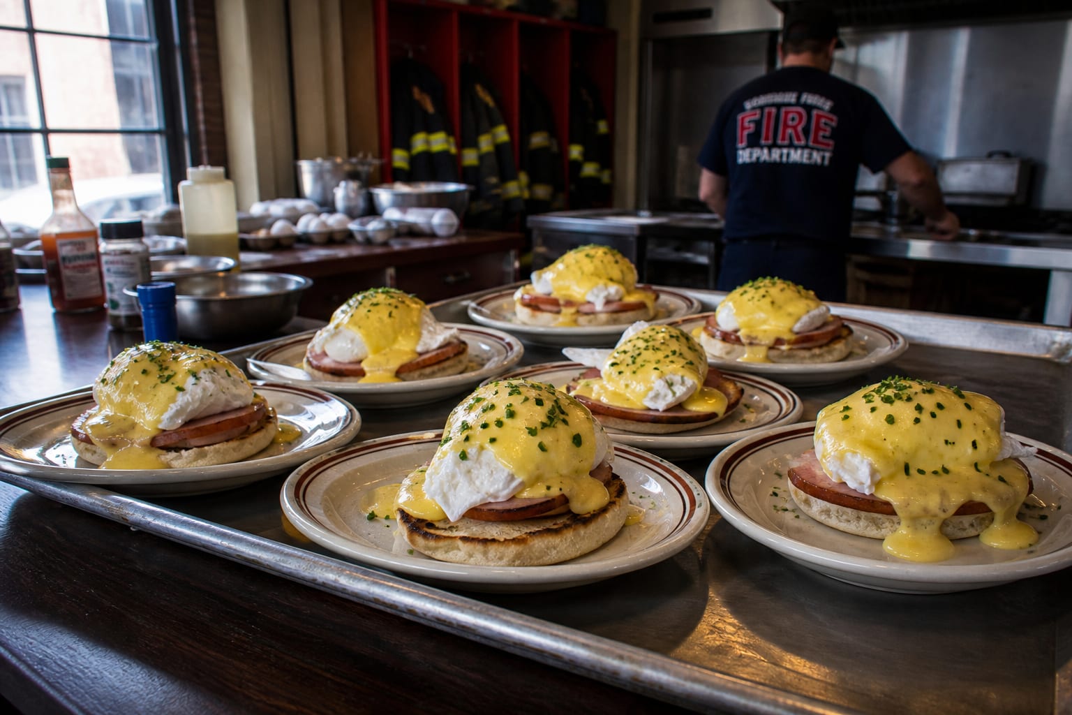 Eggs Benedict with poached eggs, Canadian bacon, and hollandaise on English muffins
