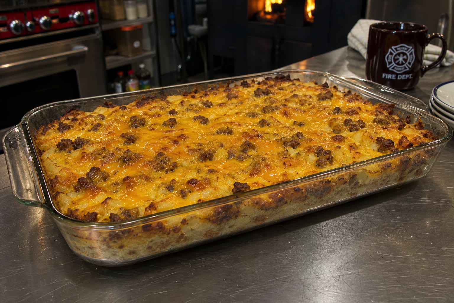Farmer's breakfast casserole with hash browns, sausage, eggs, and cheddar