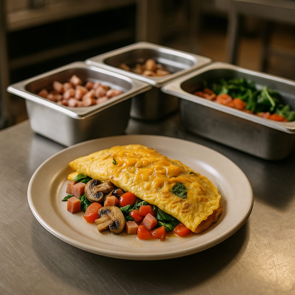 Fire captain omelette bar with fillings and folded omelettes on warm plates