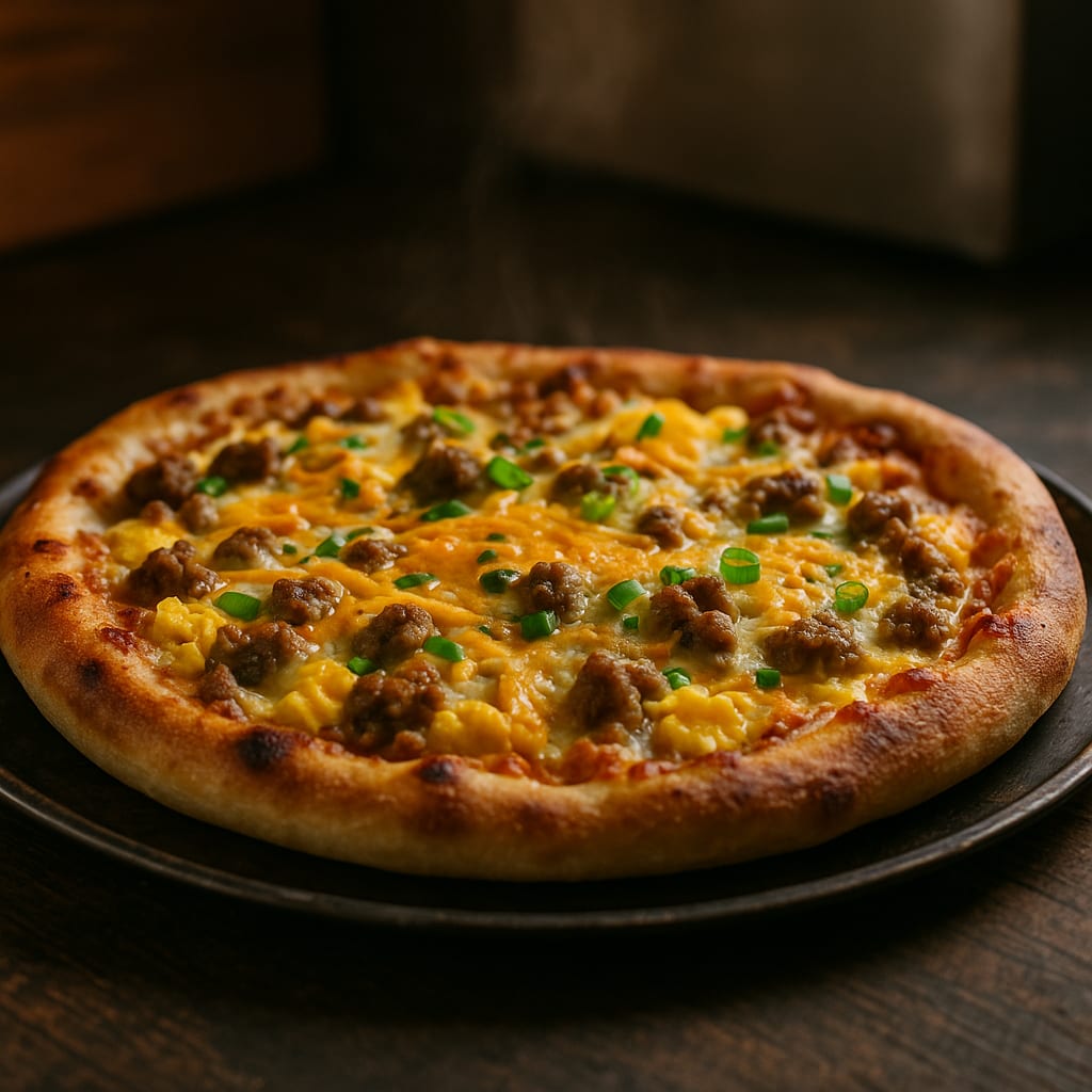 Sheet-pan breakfast pizza topped with scrambled eggs, sausage, and melted cheddar