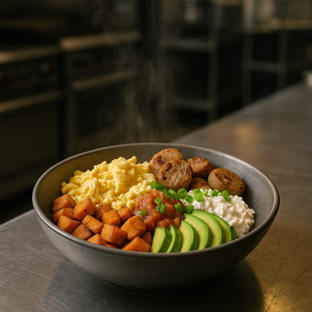 Firehouse breakfast protein bowl with roasted sweet potato, scrambled eggs, chicken sausage, and salsa