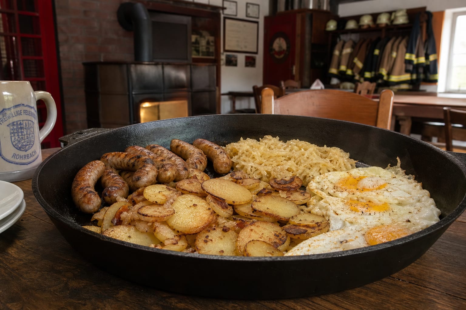 German potato breakfast skillet with bratwurst, sauerkraut, and fried eggs