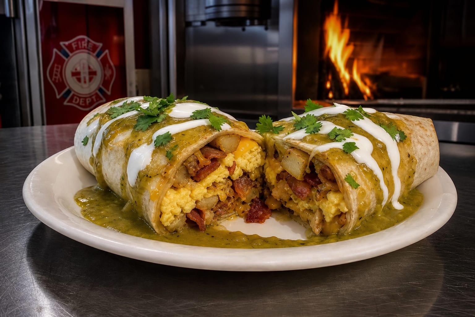 Green chile breakfast burritos with eggs, bacon, and potatoes