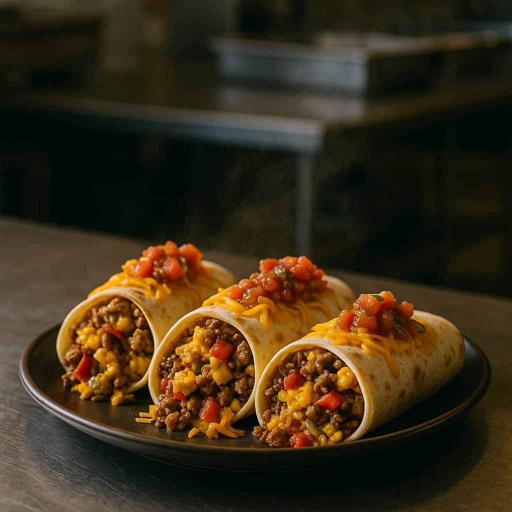 Breakfast burritos in flour tortillas with sausage, bell peppers, cheese, and salsa
