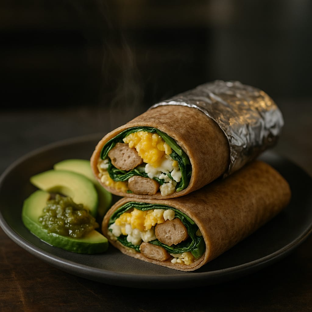 Hall breakfast wraps cut in half showing eggs, turkey sausage, and spinach