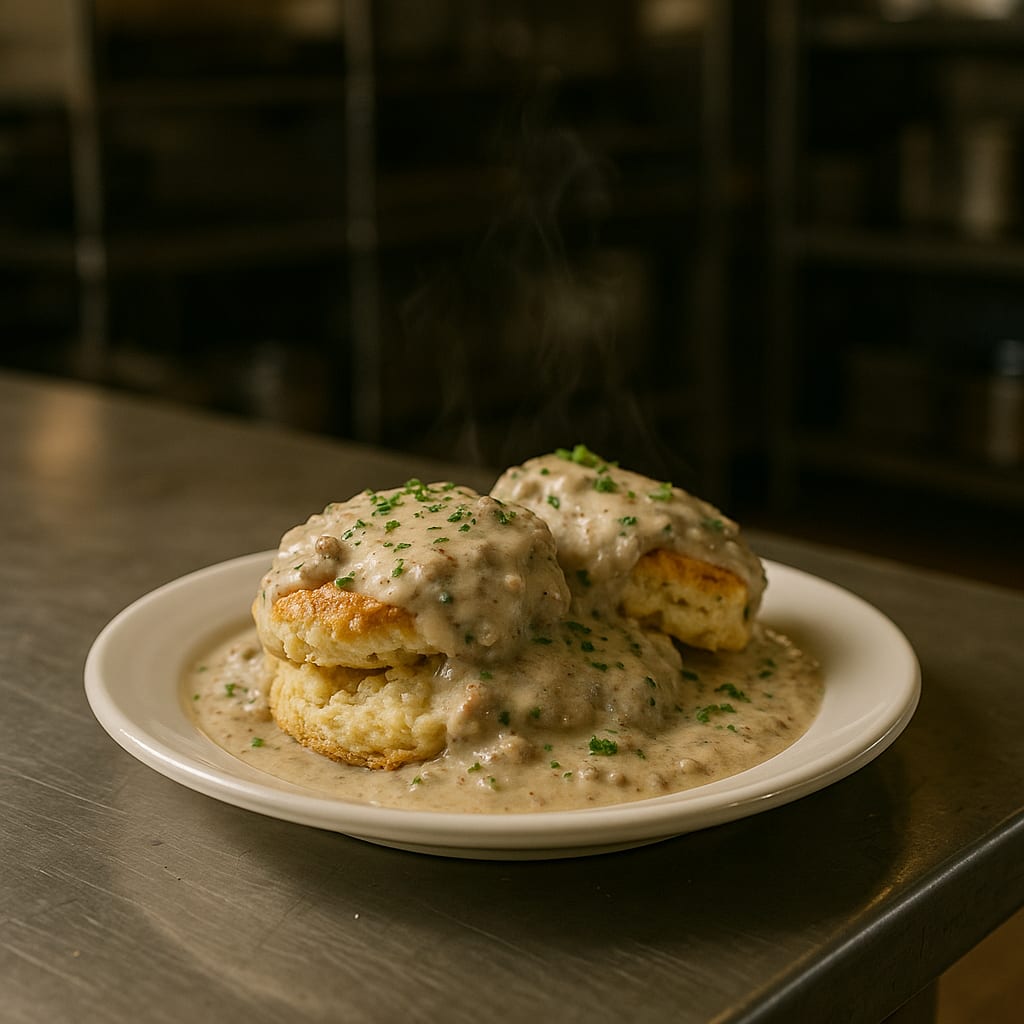 Split biscuits smothered in peppery sausage gravy with chopped parsley