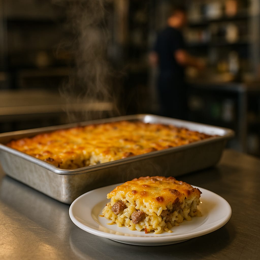 Golden hash brown breakfast casserole squares with eggs, sausage, and melted cheddar