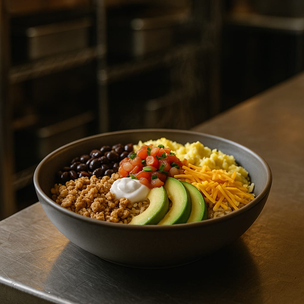 High-protein breakfast burrito bowl with ground turkey, eggs, black beans, and avocado