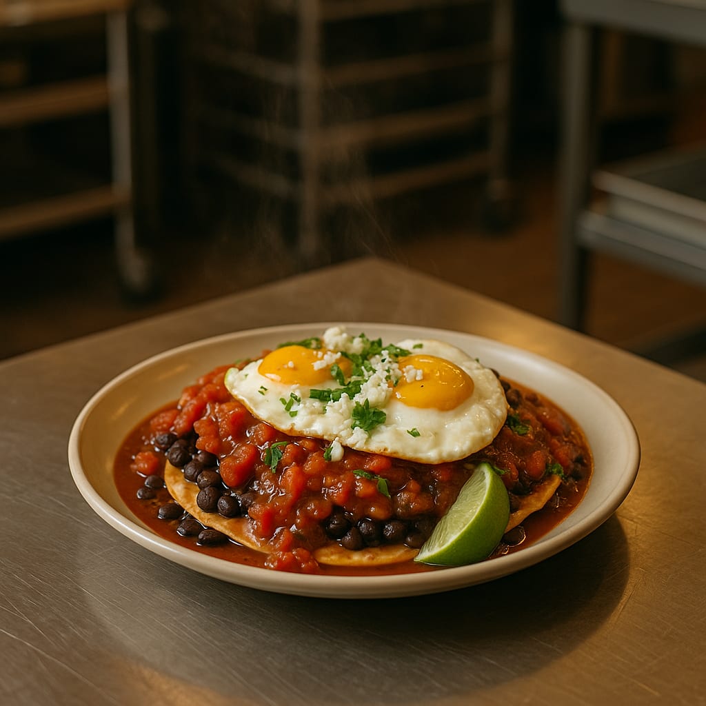 Huevos rancheros with fried eggs, ranchero sauce, black beans, and queso fresco on corn tortillas