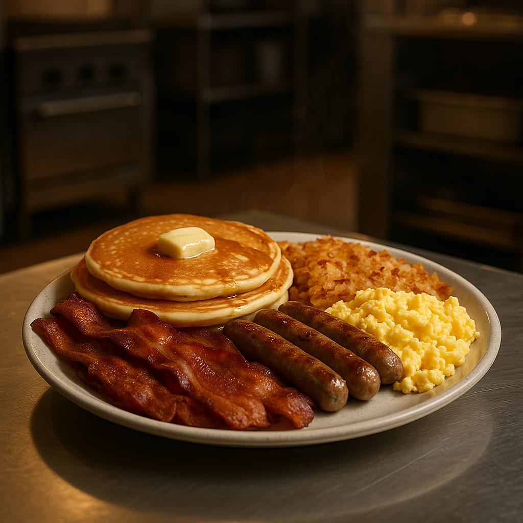 Lumberjack breakfast platter with pancakes, bacon, sausage, hash browns, and eggs