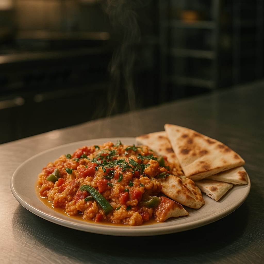 Soft Turkish menemen scrambled eggs with tomatoes and peppers in a skillet