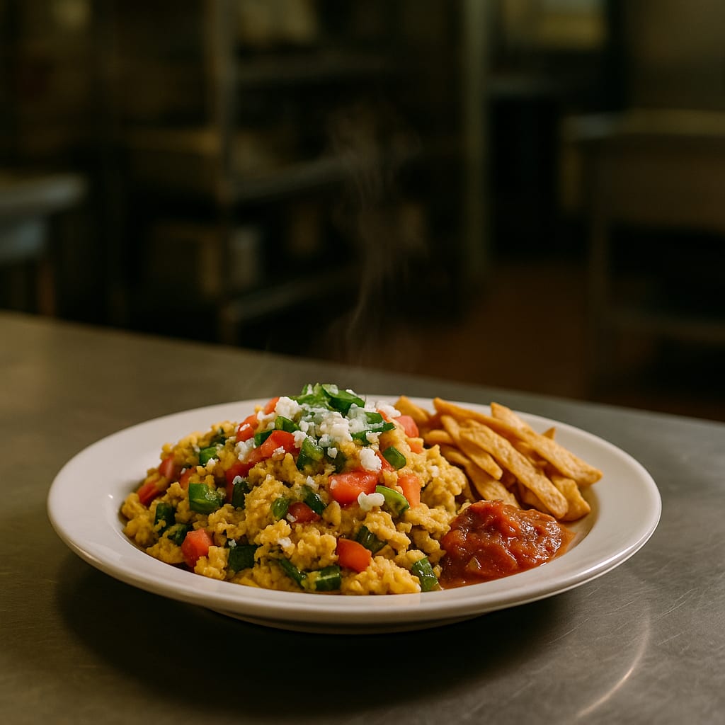 Migas for the Crew — scrambled eggs with crispy tortilla strips, peppers, and queso fresco