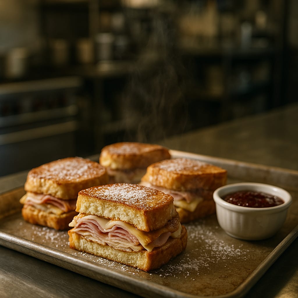 Golden Monte Cristo sandwiches dusted with powdered sugar and served with jam