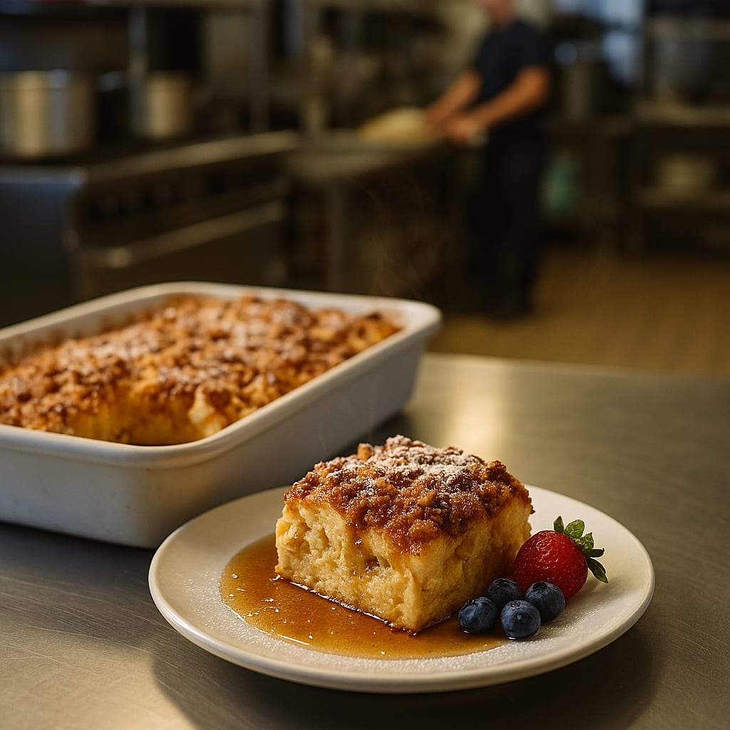 Golden overnight French toast bake cut into squares with berries and maple