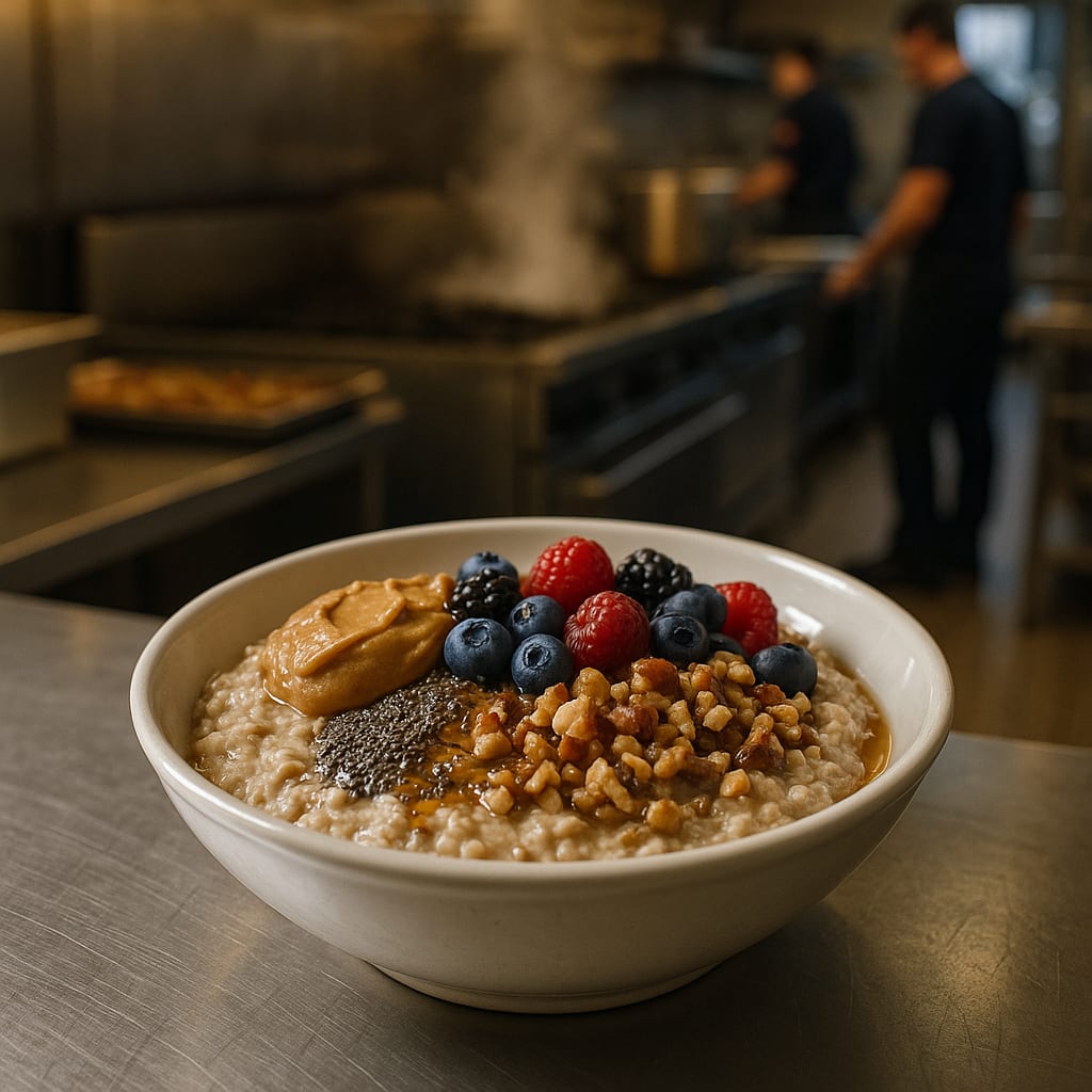 Overnight oat bar with rolled oats, mixed berries, peanut butter, chia seeds, and chopped nuts
