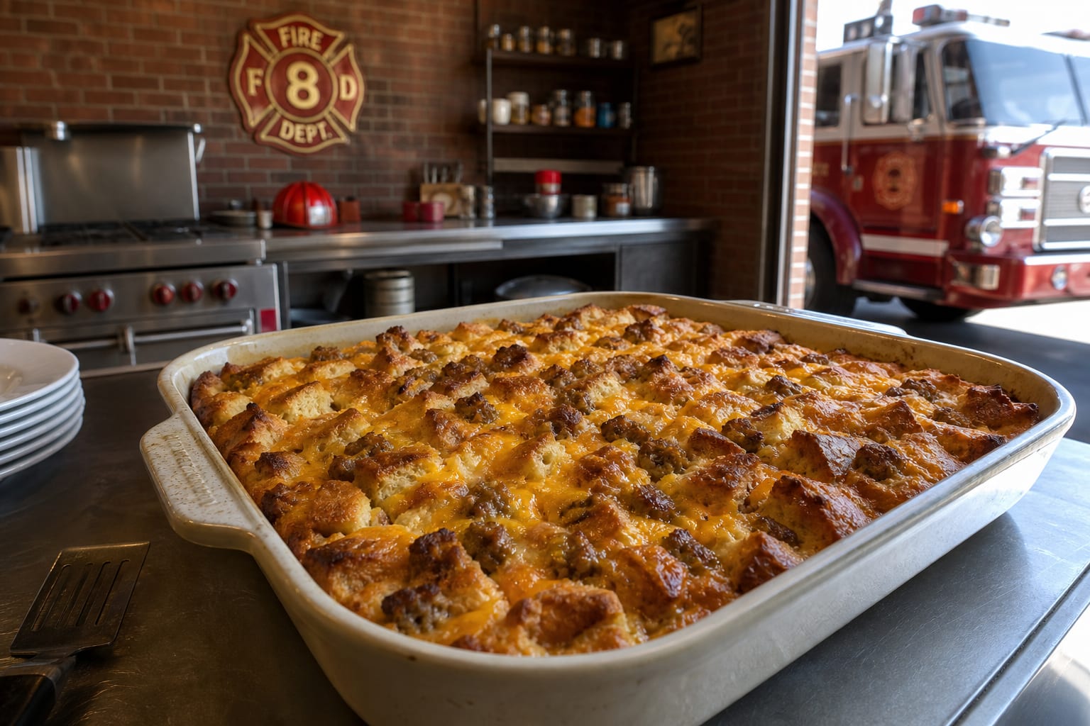 Overnight sausage strata baked golden with melted cheddar