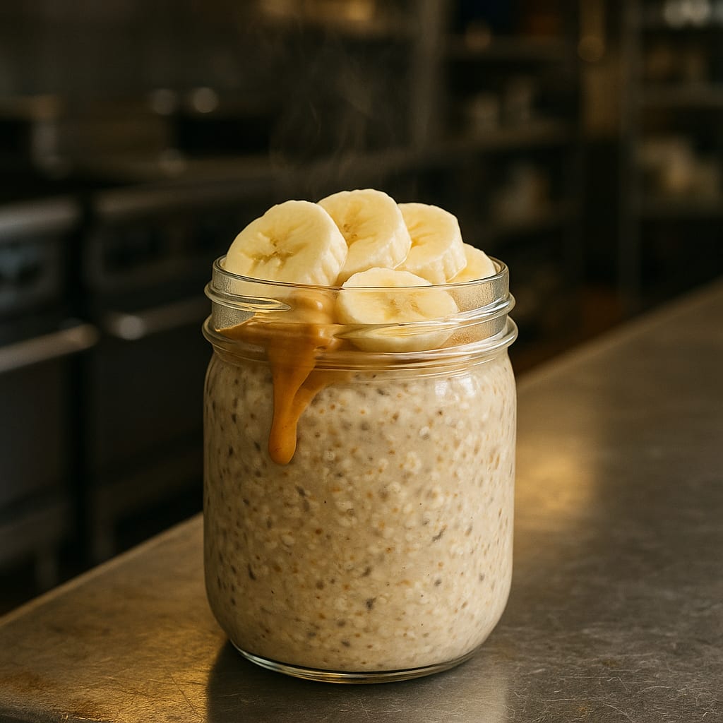 Jar of peanut butter protein overnight oats topped with sliced banana